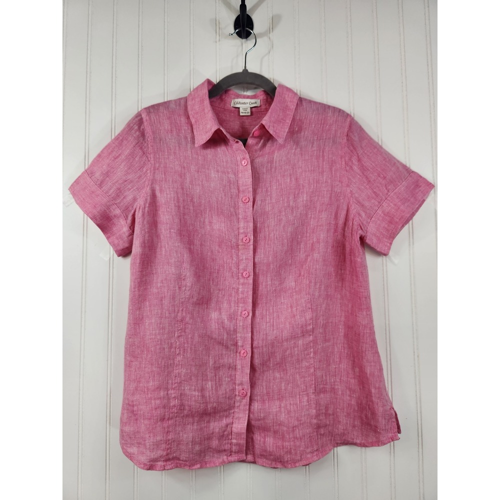Coldwater Creek Pink 100% Linen Short Sleeve Button Down Shirt Petite Medium PM